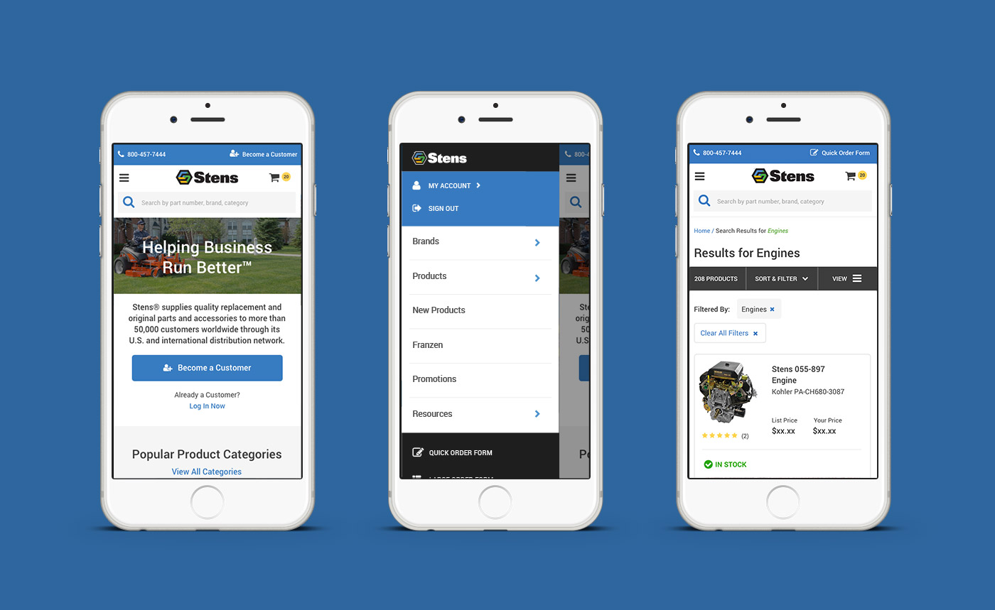 Stens SuiteCommerce mobile views